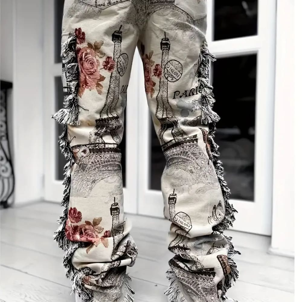 Men Butterfly Pattern Raw Hem Vintage Jeans